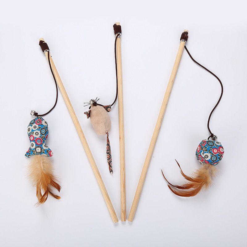 Kip Gevormde Cat Pet Toys Teaser Stick met Veer Houten Speelgoed voor Katten