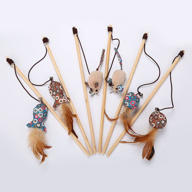 Kip Gevormde Cat Pet Toys Teaser Stick met Veer Houten Speelgoed voor Katten