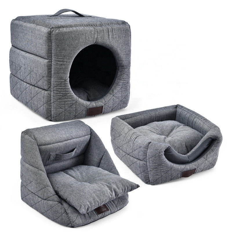 3 in 1 Vouwend Cat Cave Dir Resistant Comfortable-Huisdierenbed Grey Cat Bed House